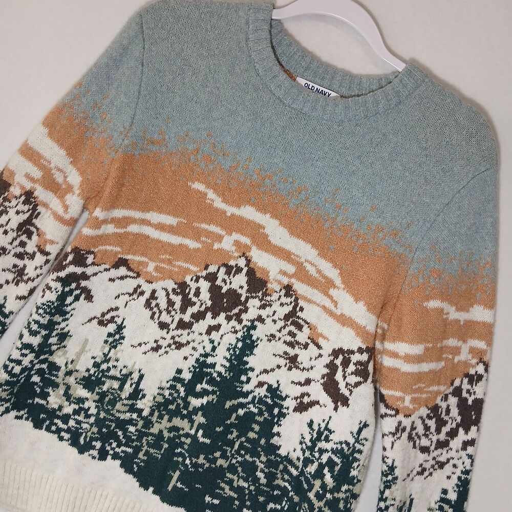 Old Navy Men’s Pixel Mountain Scene So Soft Sweater Small Cabincore #1180
